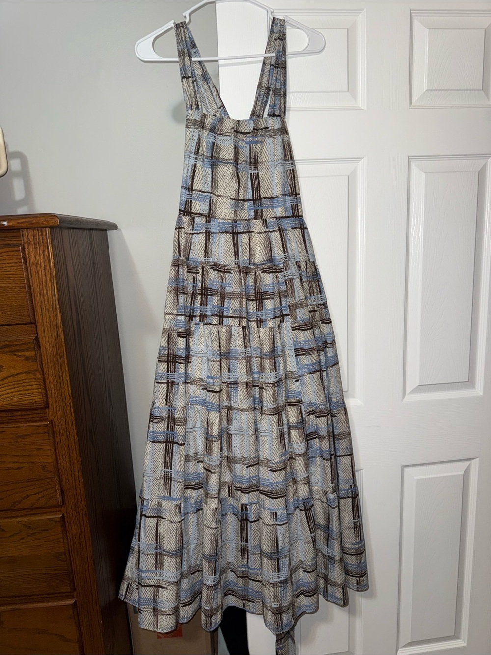 benaar Light Blue and Brown Plaid Tiered Maxi Dress